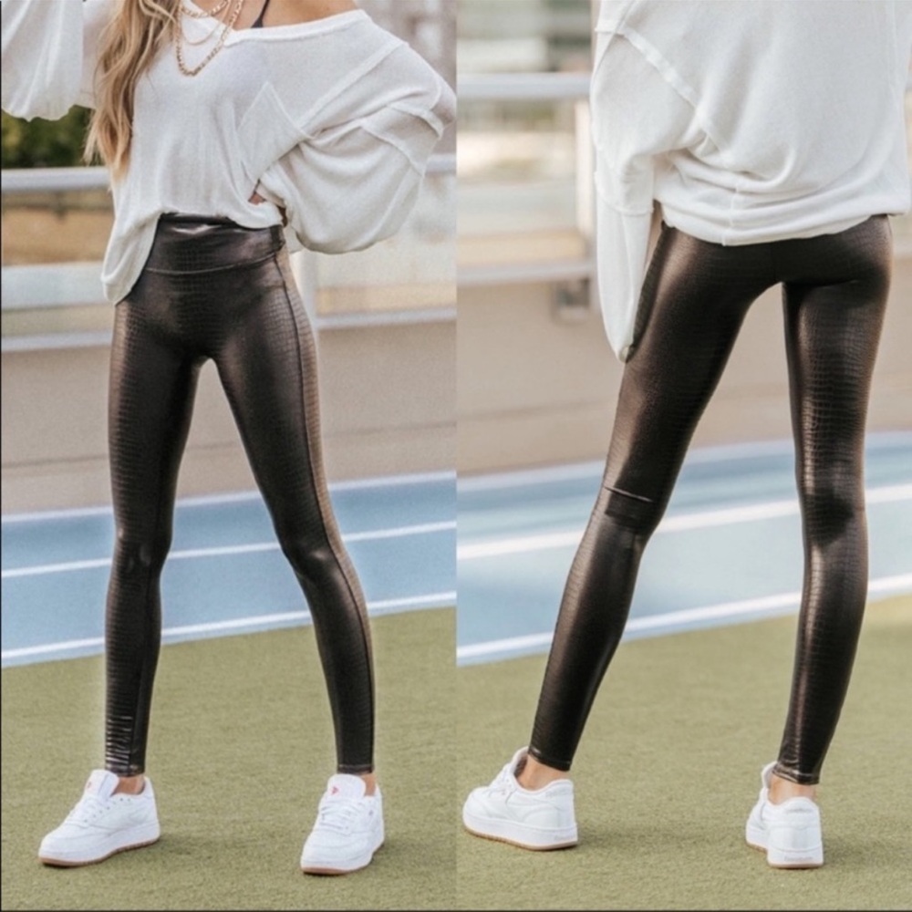 SPANX Faux Leather Croc Shine Leggings in Black/Brown Size M